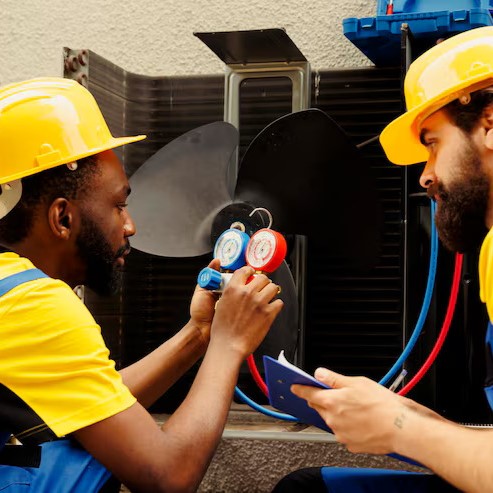 Two HVAC technicians in hard hats checking refrigerant gauges on an outdoor air-conditioning unit